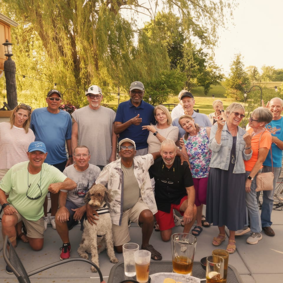 Large group of adults posing with a dog on a sunlit patio surrounded by trees, string lights, and drinks.